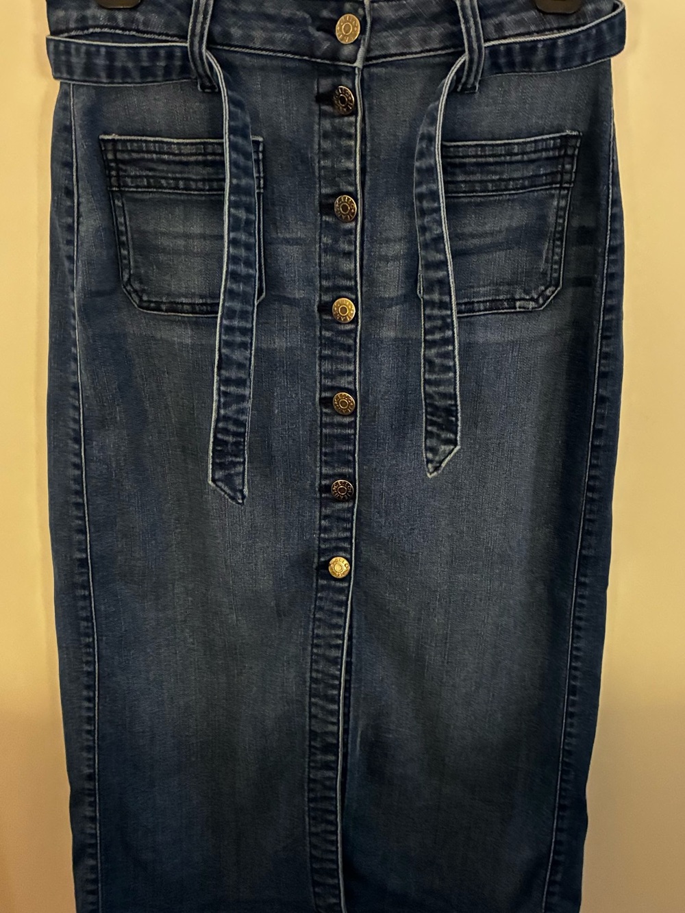 Cello Dark Blue Midi Jean Skirt with Front Buttons and Front Pockets